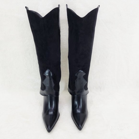 Branded Black Skirted Fold Over Western Knee High Cowgirl Boots - Picture 8 of 8